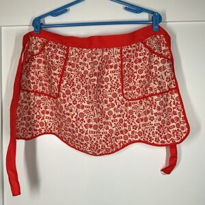 Vintage Handmade 1960s Kitchen Apron Red Floral With Pockets Retro Cottagecore